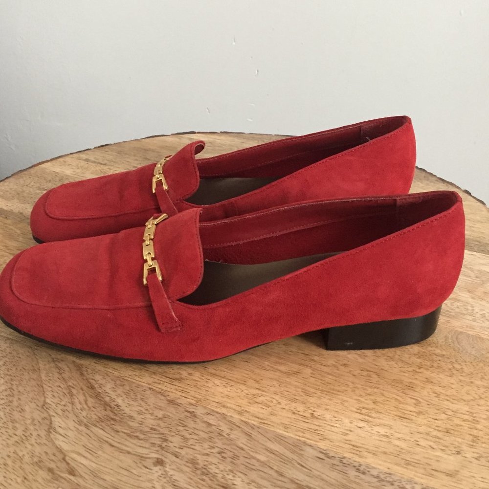 Jasmin Flex Red Suede Gold Hardware Penny Loafer Size 8M